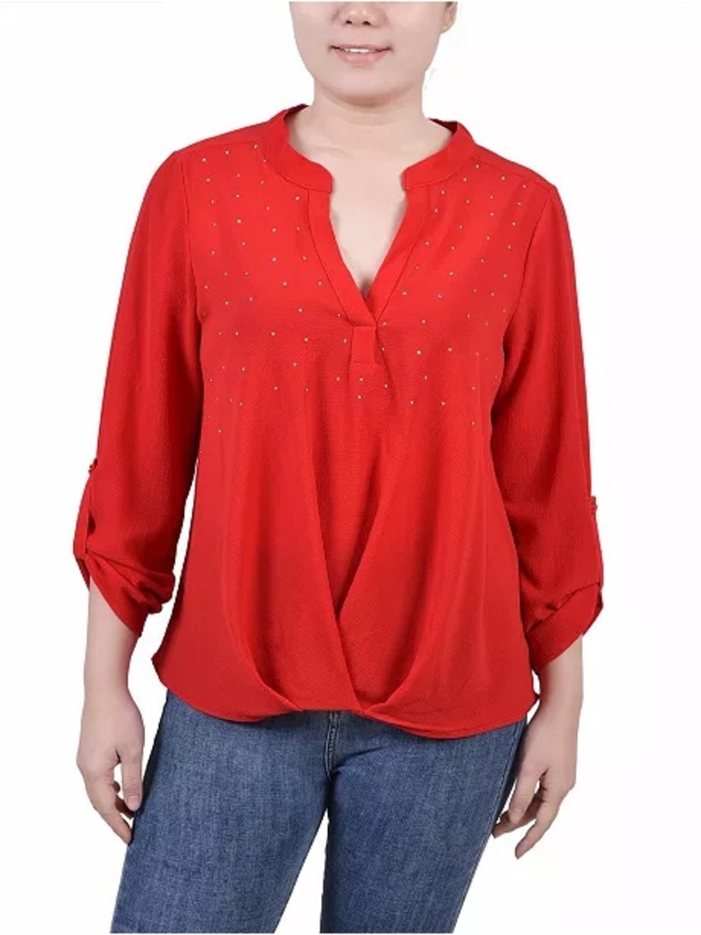 NY Collection Red V-Neck Stud-Accent Blouse